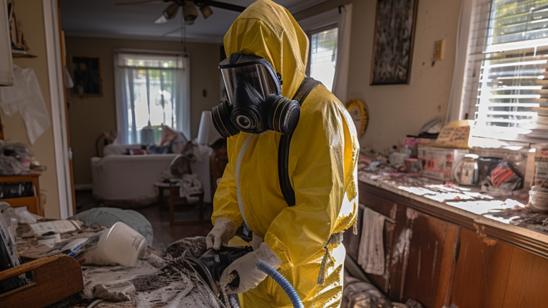 man in biohazard suit cleaning up junk in a house