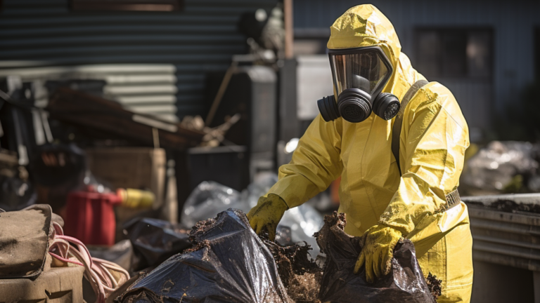 man in biohazard suit throwing away junk
