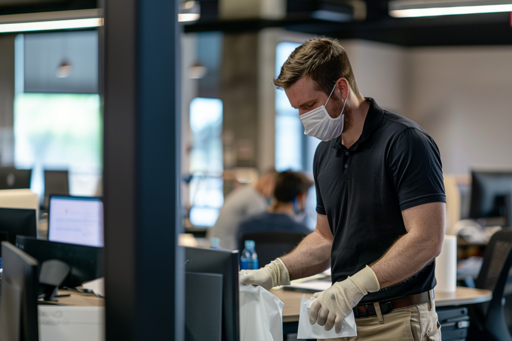 a man cleaning up biohazard in an office